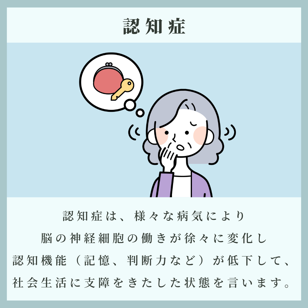 alt="認知症の説明図。記憶や判断力が低下し、社会生活に支障をきたす状態を指すことを示しています。"